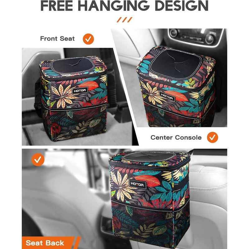 HOTOR Car Trash Can with Lid and Storage Pockets -