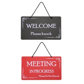 PATIKIL Meeting in Progress Do Not Disturb Door Hanger Sign, PVC Double Sided Welcome Please Knock Door Sign Decor for Office, Meeting, Session, Home, Recording, Red Black, 12" x 8"