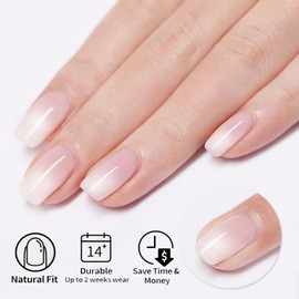 24PCS Gradient French Tip False Nails - Short Square Press on Nails - Gradient White Pink Fake Nails with Glue - Coffin Full Cover Glossy Acrylic Stick on nails for Women Girls Nails Art Accessories