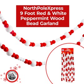 9 Foot Red & White Peppermint Wood Bead Christmas Garland | Wooden Christmas Tree Garland Perfect for Rustic Natural Country Farmhouse Vintage Trees | Garland Christmas Decorations | Assorted Sizes