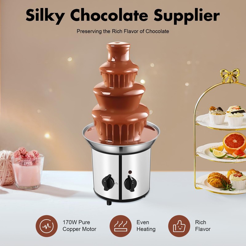 CUBELLIN Electric Chocolate Fondue Fountain Machine 4-Tier Chocolate Waterfall Fountain