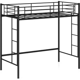 HOMGX Metal Loft Bed Twin Size, Heavy Duty Bunk Bed Frame w/Both Side Ladders, Twin Over Loft Bunk Bed Frame w/Full-Length Guardrail, Space-Saving Bunk Bed for Teens & Adults (Black)