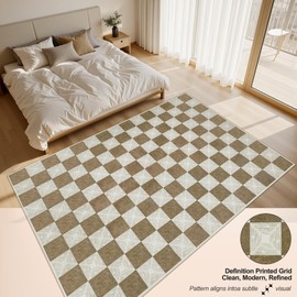 Kiginara Washable Brown Checkered Rug 5X7, Non-Slip Low Pile Area Rug for Living Room, Bedroom, Nursery, Modern Neutral Farmhouse Checkerboard Carpet, Pet & Kid Friendly