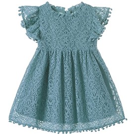 Niyage Toddler Girls Elegant Lace Pom Pom Flutter Sleeve Party Princess Dress Smoky Blue 100