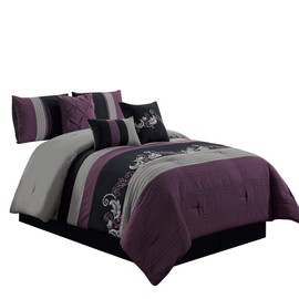 Chezmoi Collection Napa 7-Piece Luxury Leaves Scroll Embroidery Bedding Comforter Set (Queen, Purple/Black/Gray)