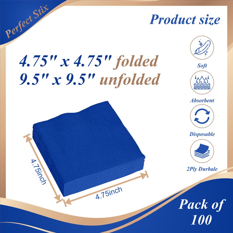 2 Ply Blue Beverage Cocktail Napkins. Pack of 100 Count