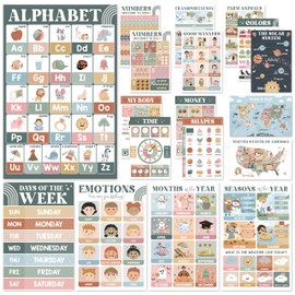BEAWART 18 Modern Boho Educational Posters for Preschoolers - Laminated Pre-K and Kindergarten Learning Poster Charts for Toddlers 1-3-5 - Homeschool and Classroom Decor for Kids' Walls