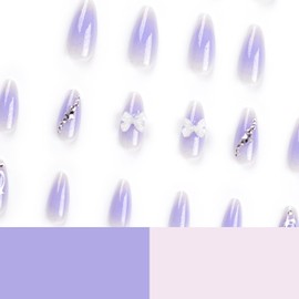 24 Pcs Cute Almond Press on Nails Medium Fake Nails Glitter Purple False Nails with 3D Bow, Star Designs Artificial Acrylic Nails Press ons Glossy Full Cover Glue on Nails for Women