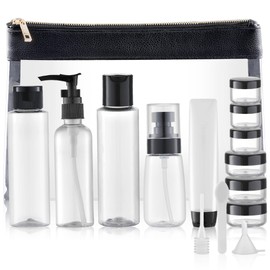 Toureal Empty Travel Bottles Set (Max. 100 ml) Leather Travel Size Container, Travel Bottles for Cosmetics Aeroplane (Transparent), black