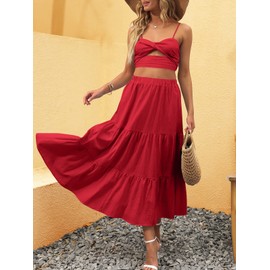 ANRABESS Women’s Summer Boho Flowy Swing Tiered A-Line Maxi Skirt 2025 Fashion Trendy Elastic Waist Pleated Long Beach Dress with Pockets Red Small
