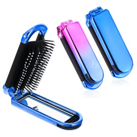 Travel foldable Hair Brush with Mirror, 2 Pack Portable Compact Scalp Massage Comb Folding Pocket Brush for Women and Men, Hair Styling Tools with Mini Removable Mirror (Pink & Blue)