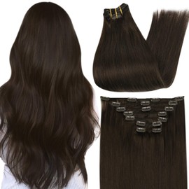 Full Shine Clip in Human Hair Extensions 16 Inch Brazilian Straight Hair 7 Pieces 100 Gram Remy Hair Clip in Extension Color 2 Darkest Brown Clip in Real Hair for Short Hair Thick End Clip on Hair