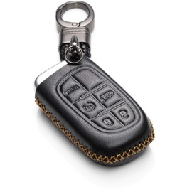 Vitodeco Genuine Leather Smart Key Fob Case Cover Protector for 2014-2018 Jeep Cherokee, 2013-2017 Ram 1500, 2500, 3500 (5 Buttons, Black)