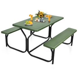 S AFSTAR Picnic Table Bench Set, 59” Expanded Rectangular Picnic Table, Outdoor Table and Bench W/Steel Frame & Wood-Like Texture Tabletop, Camping Table Chair Set for Garden Patio Lawn Deck (Green)