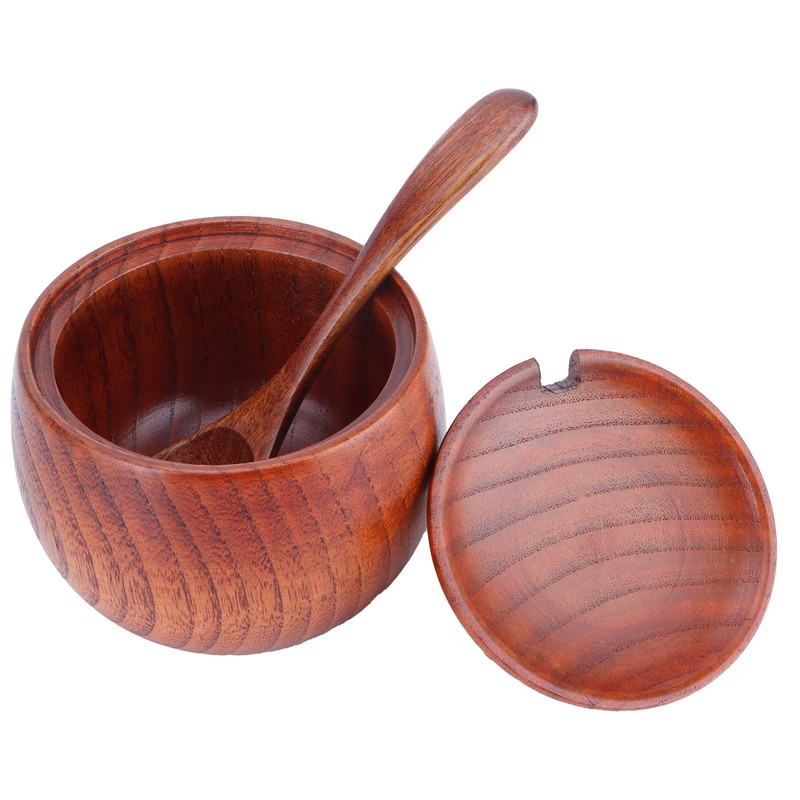Wooden Spice Container, Salt Box with Lid, Spoon, Vintage Spice