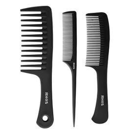RHOS Comb Set for Women and Men, 3 Pieces - Wide Tooth, Rat Tail, Dresser Hair Combs - Detangling Hair Combs for All Hair Types - Black