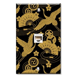 Art Plates - One Port RJ45 Ethernet decorative printed keystone style wall plate. Works with Cat5 through Cat8 cables. Female to Female Connection. - Black and Gold Crane