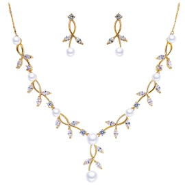 BiBeary Jewellery Set Bridal Women's Leaf Flower Wedding Simulated Pearl Statement Necklace Earrings Set Party, Zirconia, Simulated pearl, simulated pearl