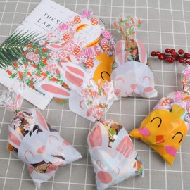 STEFORD Easter Plastic Treat Bags, 120 PCS Clear Cellophane Goodie Bags for Candy Cookie Sweets Gift with Twist Ties, 4 Style Bunny Chick Party Favor Bulk