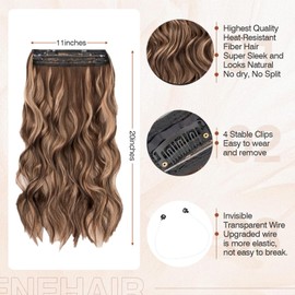 Benehair Invisible Wire Hair Extension 20 Inches Secret Wire Hair Extension with 4 Secure Clips Synthetic Hair Piece Long Wavy Hairpieces for Women, with 1 Comb Light Linen Mixed Withered Yellow #8P24