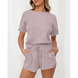 wkwmrpet Women's Waffle Knit Pjs Short Sleeve Top and Shorts Pullover Nightwear Lounge Pajama Set with Pockets