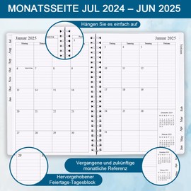 2024-2025 Diary, July 2024 - June 2025 Weekly Planner with Monthly Tabs, Back Pocket, Elastic Closure, Double Wire Binding, Easy Organisation of Daily Life, 14.8 x 21 cm