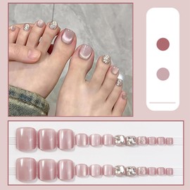 24PCS Press on Toe Nails with Glue and Jelly Glue, Glossy Cat Eye Fake Toe Nails, Short Square Stick on Toenails, Toenails, Full Cover Light Glitter Nail Tips for Women