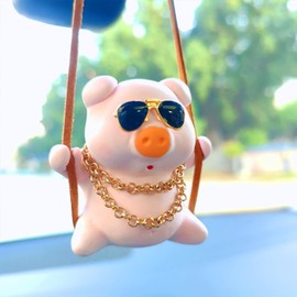 Swinging Pig Car Hanging Ornament, Lucky Piggy Rear View Mirror Accessories, Pig Car Accessories for Women/Men Cute Decor Rearview Mirror Charms, Small Gifts