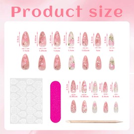 VelvetGlow 24 Pcs Rosa Blume Press On Nails – Medium Mandel Fake NäGel Mit Strass Perlen Designs, SüßE Katze Schleife Sommer Blumen Acryl NäGel Kit FüR Frauen