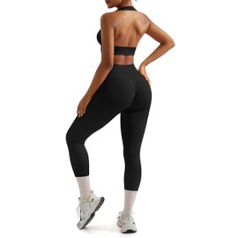 RXRXCOCO Backless Workout Sets for Women 2 Piece Halter Sports Bra Hidden Scrunch High Waisted Gym Leggings Matching Set Black Medium