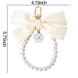 White Bowknot Wristlet Keychain for Girls Pearl Bead Bracelet Keychain for Car Keys Holder Accessories for Women Girls Wallet Purse Bow Keychain Wristlet for Girls Pearl Beaded Bracelets Wristlets