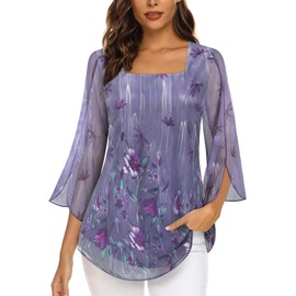 Summer Tops for Women, Tunic Tops to Wear with Leggings 3/4 Sleeve Floral Long Tops Swing Hem Works Shirts Tops Fancy Spring Fitted Clothes Tops