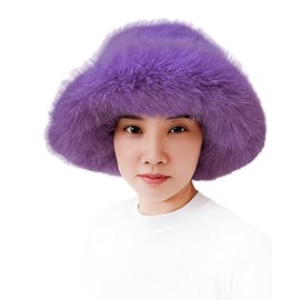 Lina & Lily Oversized Winter Faux Fur Bucket Hat for Women - Long Pile Fur Wide Moldable Brim (Purple)