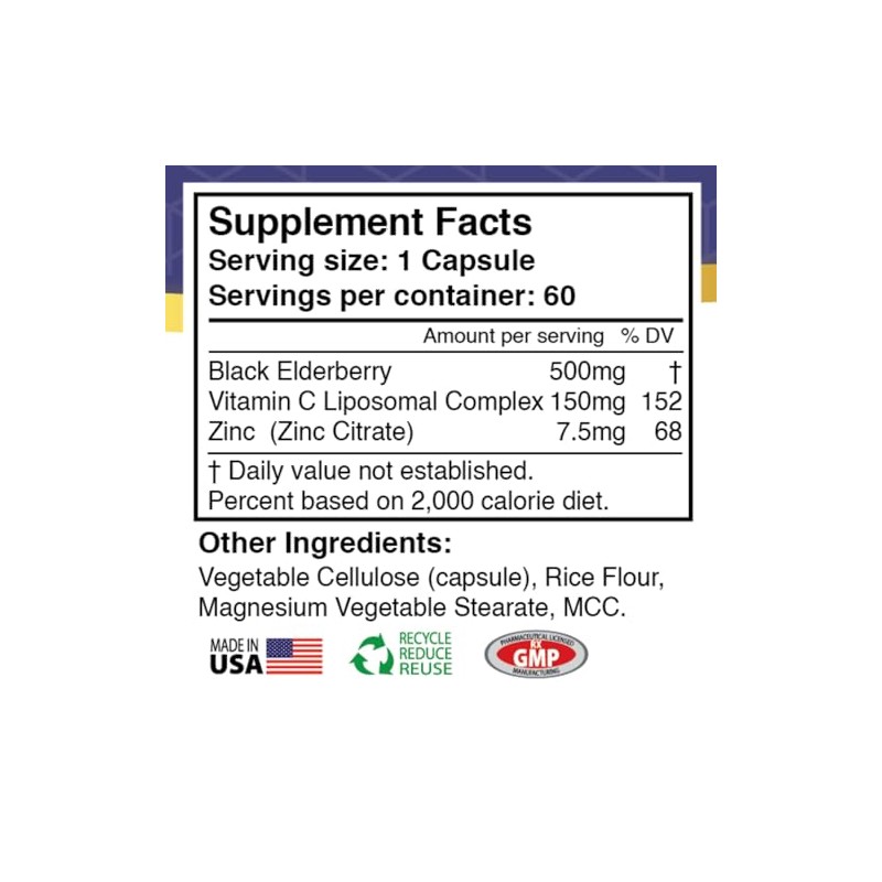 Elderberry, Liposomal Vitamin C, Zinc, Immune Support Supplement, 2 Month