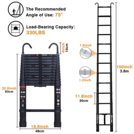 Qimu Telescoping Ladder 12.5FT Aluminum Extension Ladder with 2 Detachable Hooks - Multi-Purpose Portable Lightweight Ladder RV Collapsible Ladder, Anti-Slip Attic Ladder, Loft Ladder, 330 Lb Capacity
