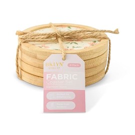 Core Home Decorative Round Drink Coasters 3.75 Inch Fabric and Wood Floral Set of 4