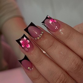 24Pcs Black French Tip Press on Nails Medium Square Flower Fake Nails with Rhinestones Glue on Nails Full Cover Pink False Nails Hibiscus Flower Artificial Stick on Nail Spring Acrylic Nails for Women