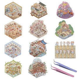 10 Sets 3D Sticker Scene, 3D House Stickers to Make Your Own Restaurant Coffee Shop Library Scene, Adults Kids Sticker Therapy for Relieving The Pressure of Work Life School