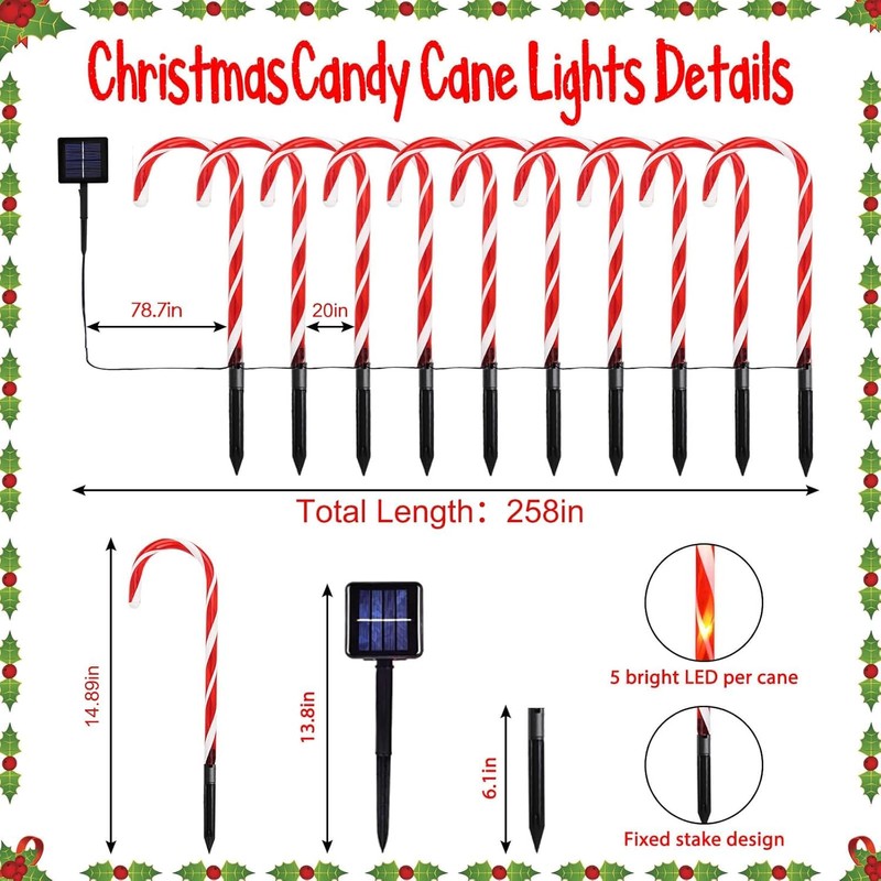 20 Pack Solar Christmas Candy Cane Lights, Christmas Decorations Outdoor