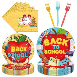 EUOYUFO 96 Pcs Back to School Decoration Disposable Tableware Set - Cartoon Back to School Apples Pencils Clock Paper Plates Napkins Forks First Day of School Theme Party Supplies Serve 24 Guests
