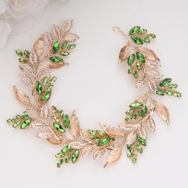 Teyglen Crystal Bridal Hair Vine Rhinestone Wedding Headband Gold Leaf Hair Vine for Bride Hair Accessories Green Rhinestone Hair Vine Headpiece for Women Girls (Green)