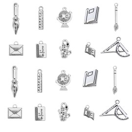 SUNNYCLUE 1 Box 60Pcs 10 Styles School Teacher Charms Tibetan Style Alloy Book Ruler Brush Pen Compasses Globe Shape Back to School Charms for Making Crafts Supplies, Antique Silver
