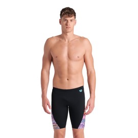 ARENA Men's Standard Performance Ondulation Swim Jammer Knee-Length Training Swimsuit, Black/Multi Violet