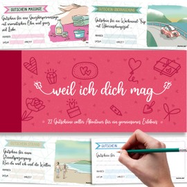 PACKLIST Coupons for couples, 22 romantic vouchers full of adventures for a shared experience - 16 plans + 6 individual gift vouchers, can be filled as desired. Original gift
