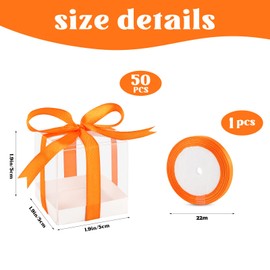 Hxezoc 50 Pack Favor Boxes 2x2x2 Inches Clear Candy Treat Boxes with Orange Ribbons, Mini Plastic Gift for Wedding, Birthday Party, Baby Shower, Classroom Decoration Supplies
