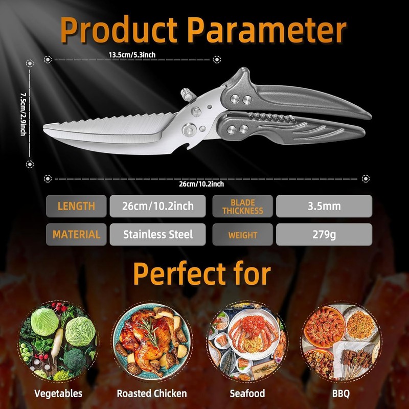 Heavy-Duty Kitchen Shears, Stainless Steel, Serrated Edge, Multi-Purpose Poultry and