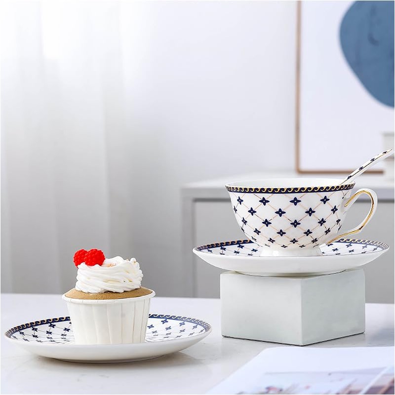 Porlien Royal Blue Star-night Porcelain 7-ounce Teacup and Saucer Set