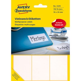 Avery Zweckform 3329 Haushaltsetiketten selbstklebend 192 Stück (76x39mm, 32 Bogen mit je 6 Aufklebern, Vielzweck-Etiketten für Haushalt, Schule und Büro zum Beschriften und Kennzeichnen) blanko, weiß