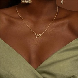 Golden Bow Necklace for Women, 14K Gold-Plated Fine Chain with Pendant, Fashionable Bow Shape Fine Gold Chain for Women, Aesthetic Jewellery as a Gift for Girls and Women (41 + 5 cm), Copper, No