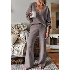 Viottiset Women's 2 Piece Outfits Sweater Lounge Set V Neck Knit Top Wide Leg Pants Sweatsuit Purple Grey L